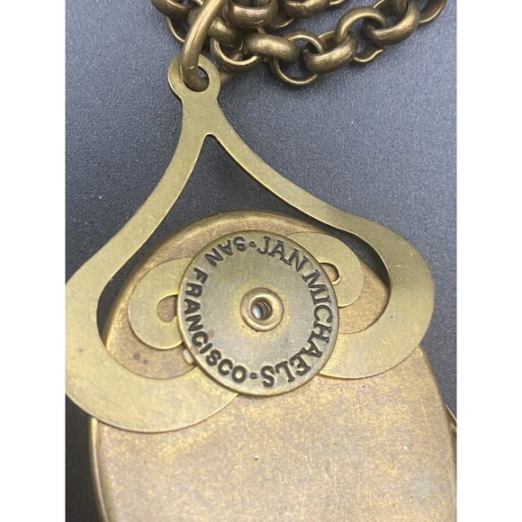 Signed Jan Michaels Art Nouveau Necklace Gold Brass Tone Caged Pearl Rolo Chain - Picture 5 of 8